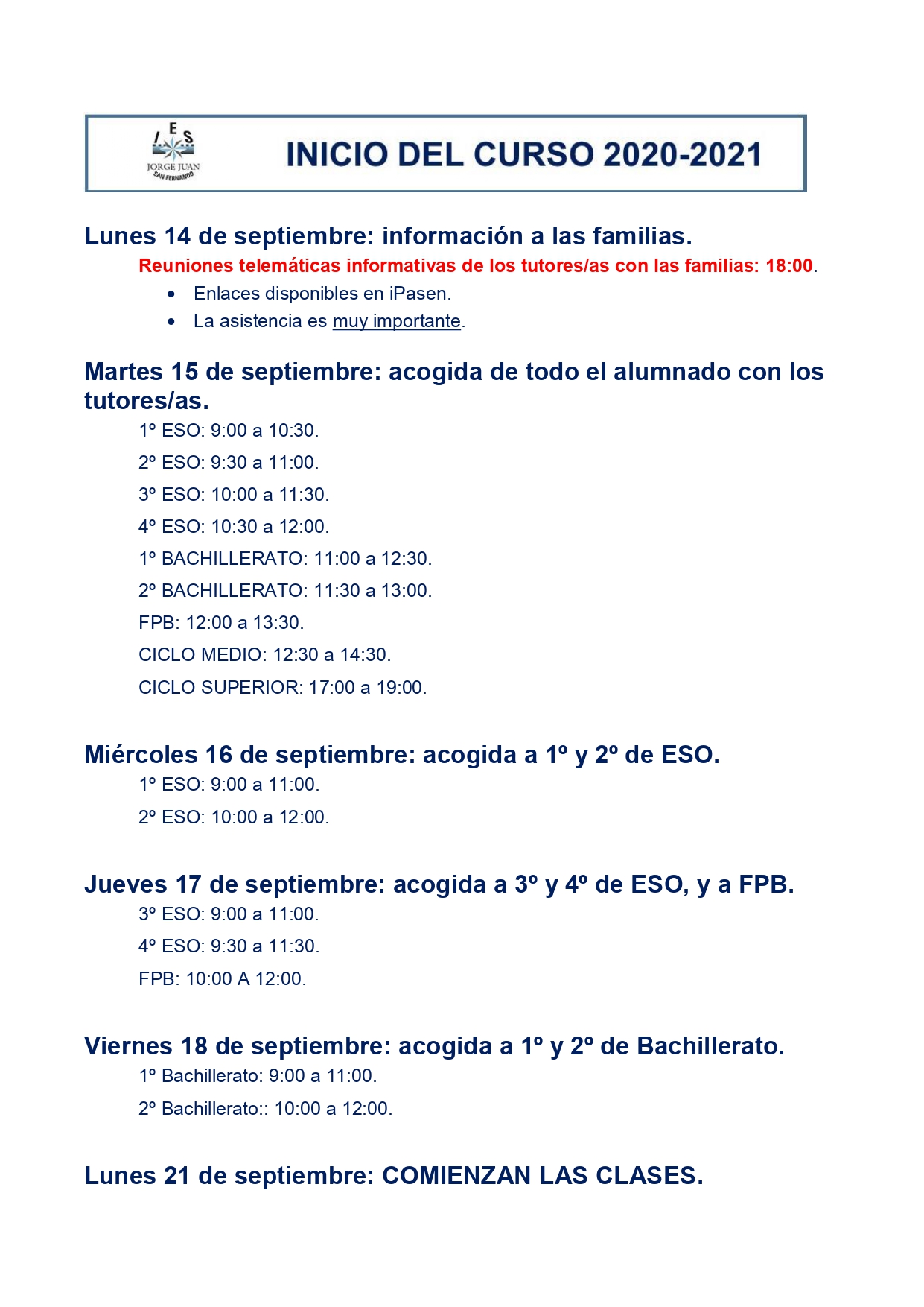 Acogida inicio de curso