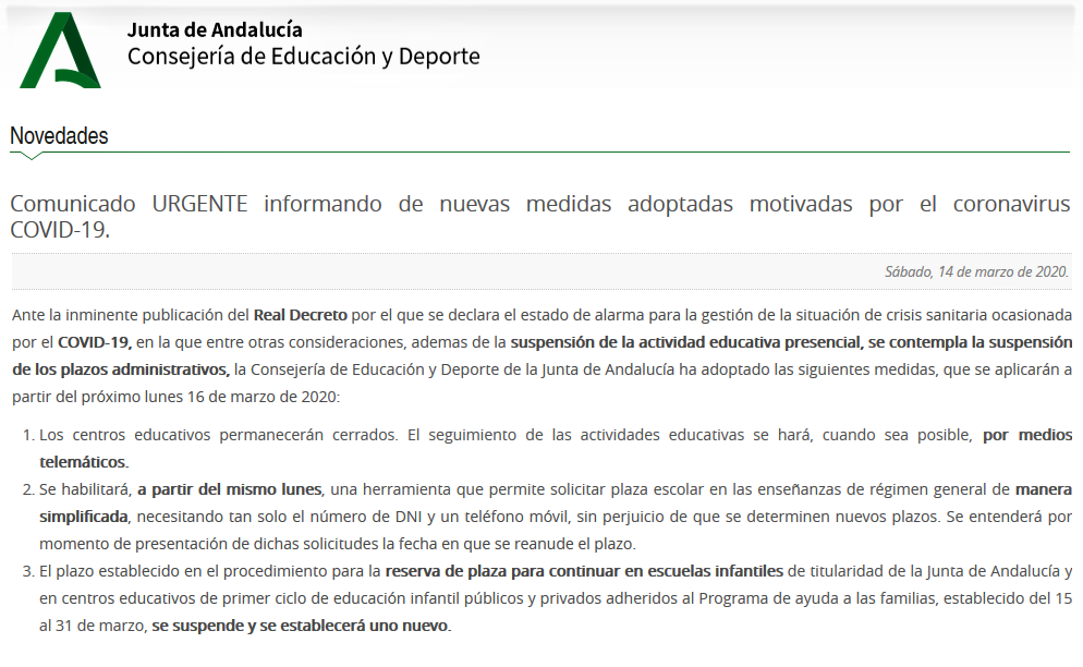 Comunicado urgente sobre la escolarización